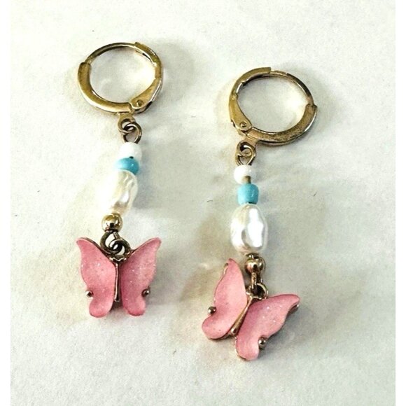 Jewelry - Y2K Lucite Pink Butterfly Earrings Beaded Teal Pearly Drop Dangle Huggie Hoop